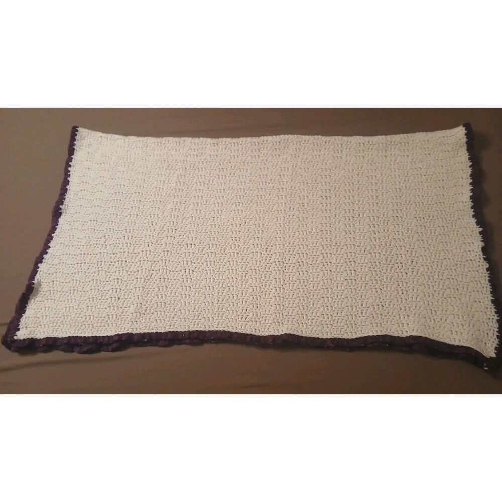 Baby Blanket Hand Knit or Crocheted Cream with Purple Border 42" x 42" Lap
